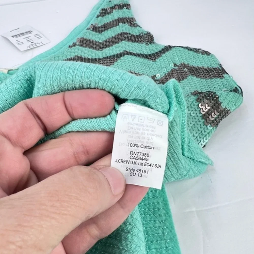 NEW J. CREW Aqua Silver‎ Chevron SEQUIN Zig Zag Cotton Tank Top Small